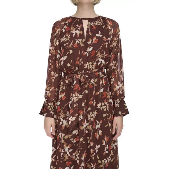 NWT Calvin Klein Floral Keyhole Maxi Dress Size 14 Burgundy Boho Peasant Folk - Picture 2 of 12